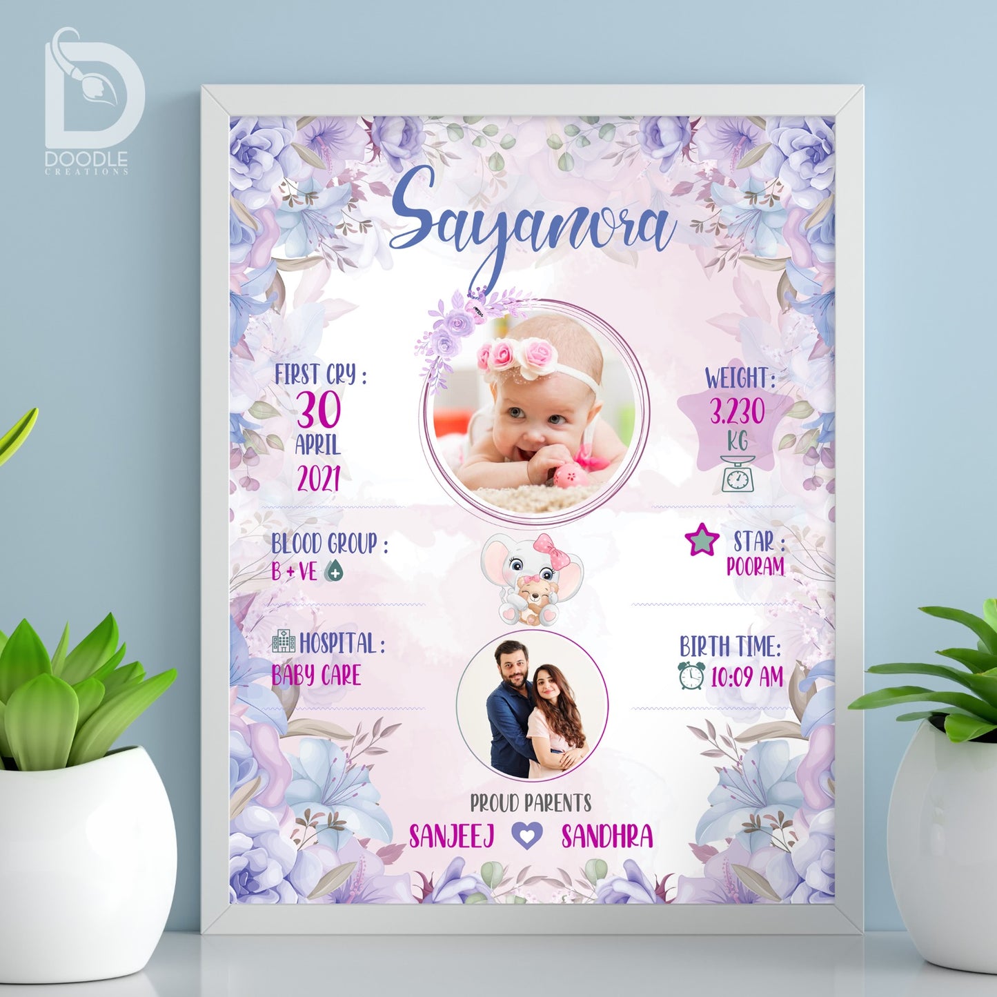 Baby birth detail frame - Floral 14