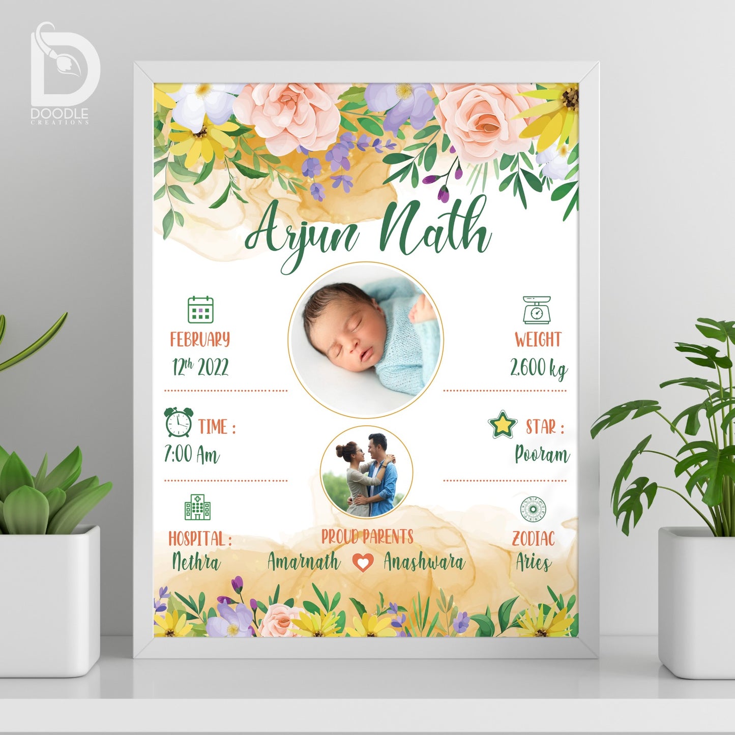 Baby birth detail frame - Floral 26