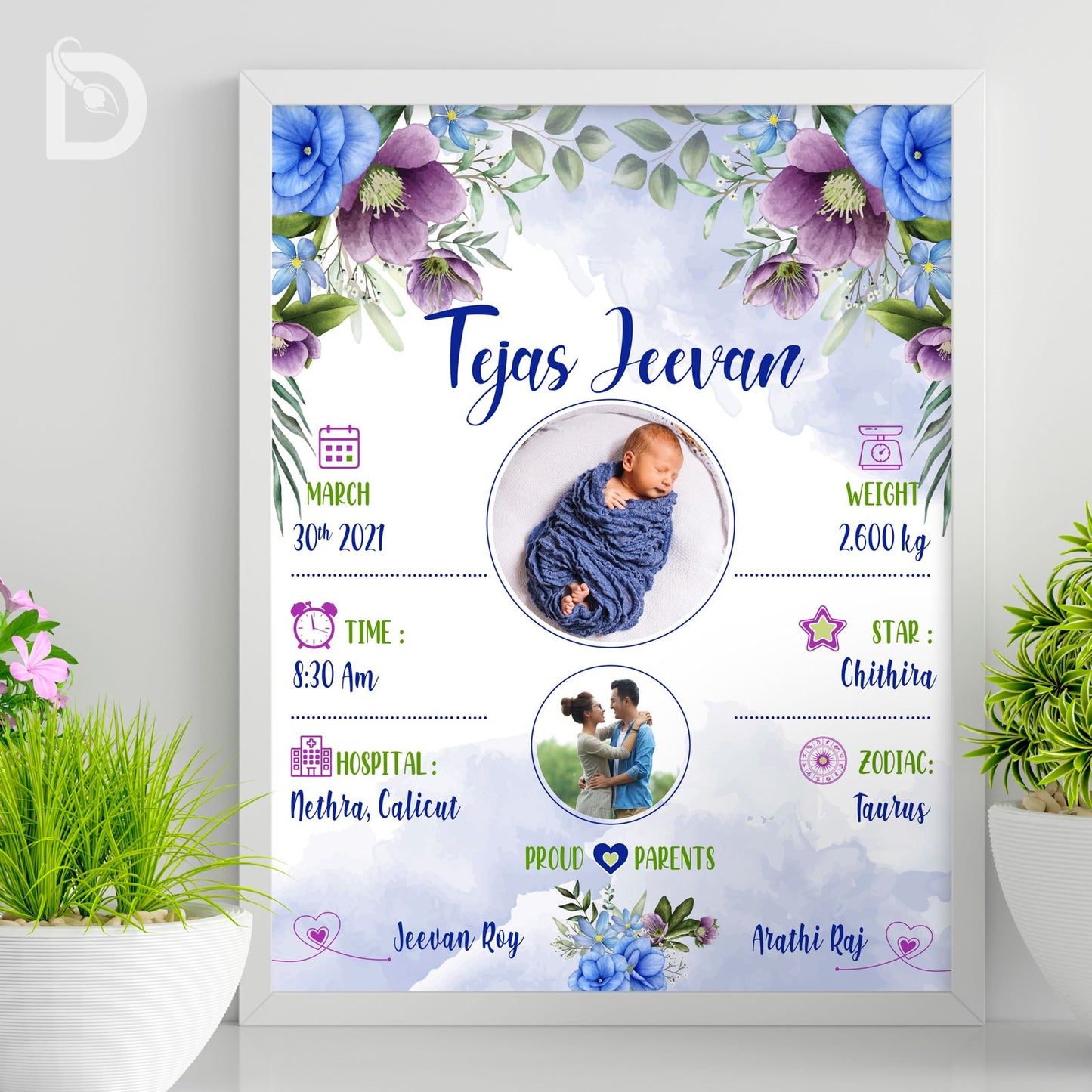 Baby birth detail frame - Floral