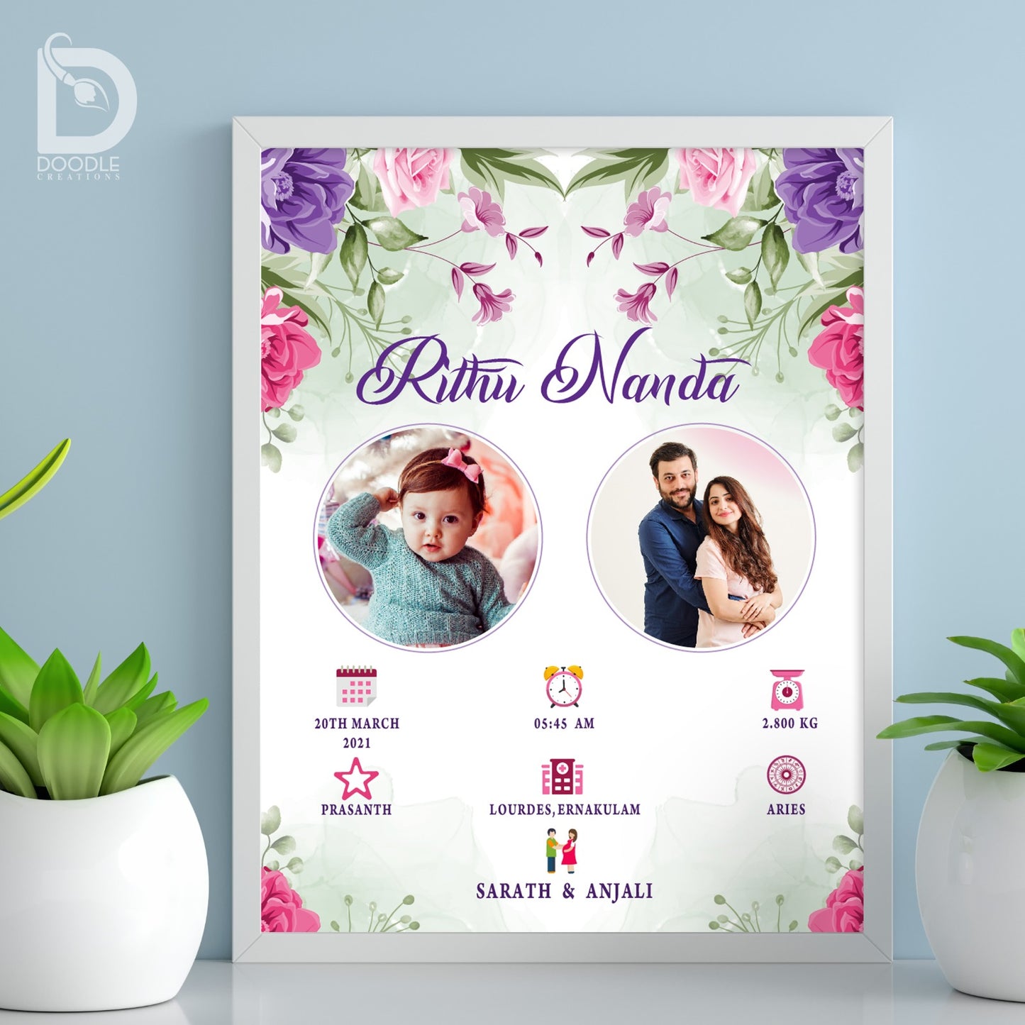 Baby birth detail frame - Floral 27