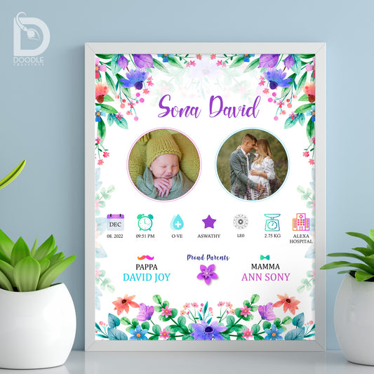 Baby birth detail frame - Floral 13